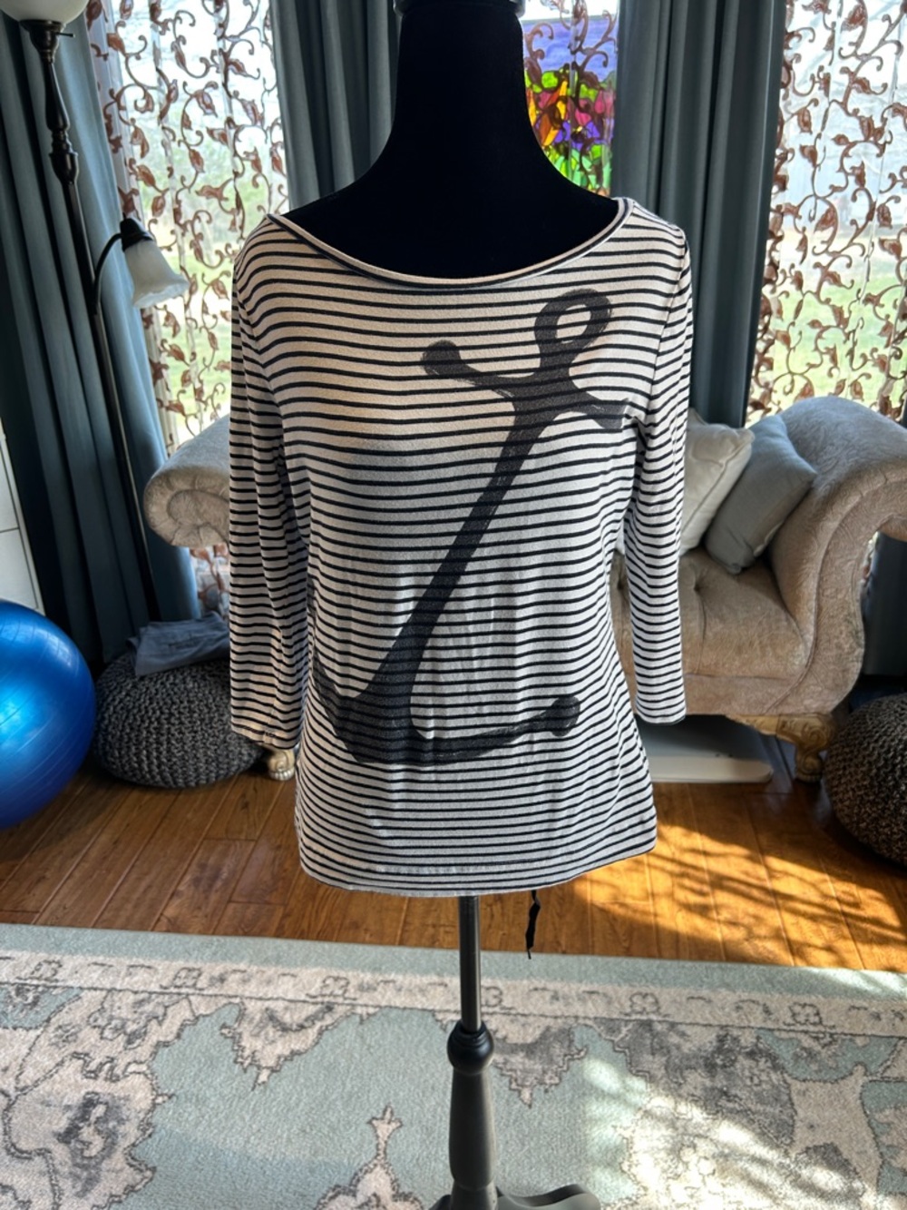 Outback Red Black & White Striped Anchor Boatneck Long Sleeve Tee